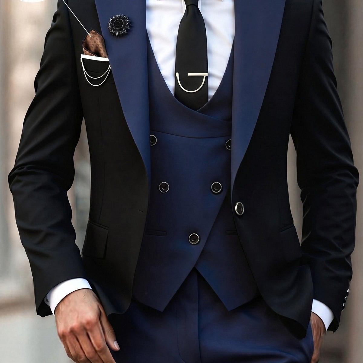Three-Piece Suit with Contrast Peak Lapel for Men - Navy
