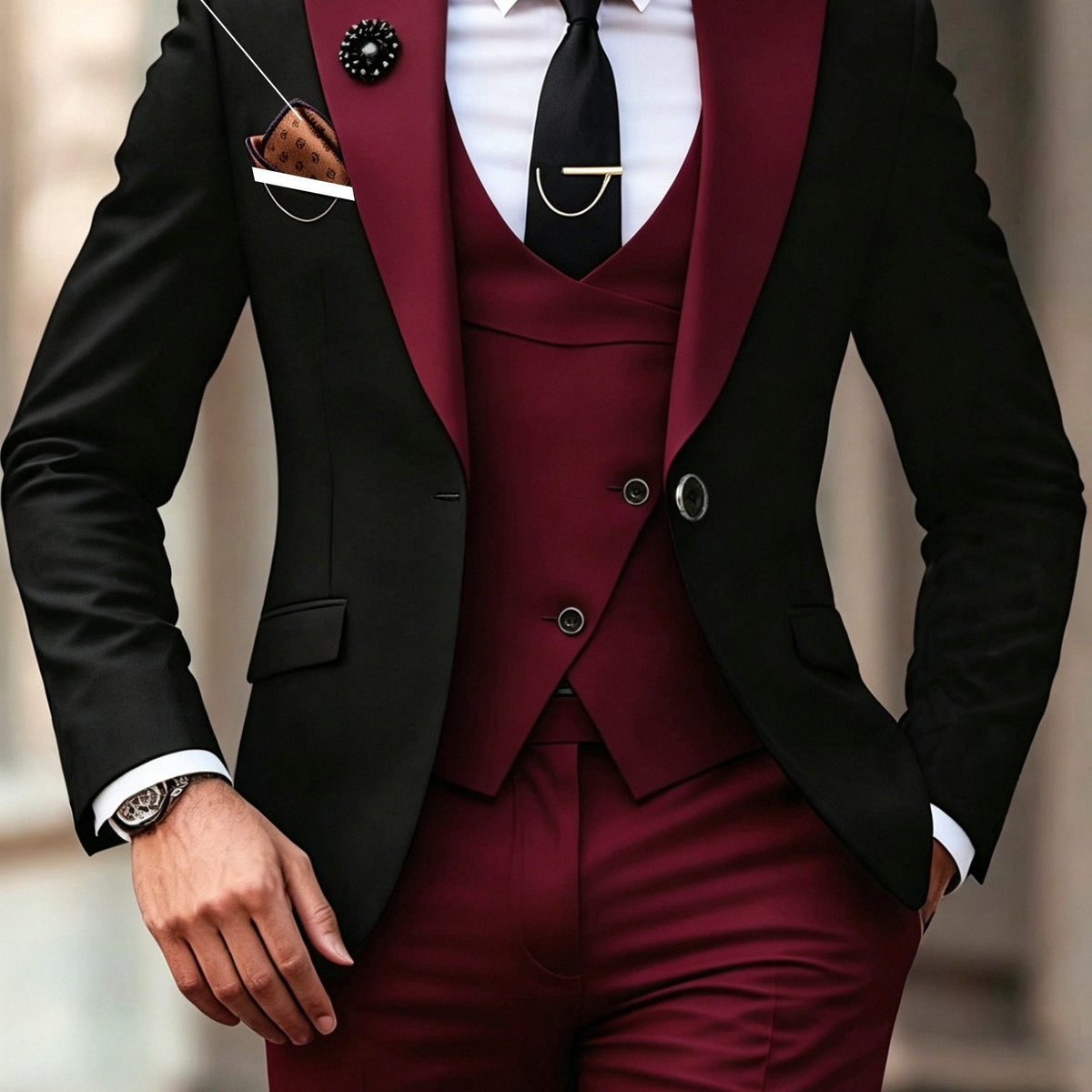 Three-Piece Suit with Contrast Peak Lapel for Men - Burgundy