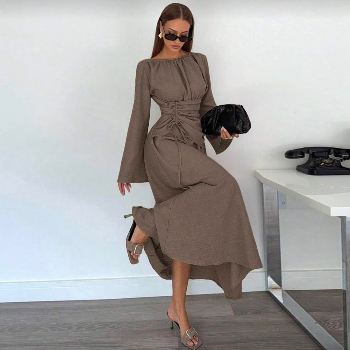 Draped Midi Autumn Wedding Guest Dress for Women - View 3