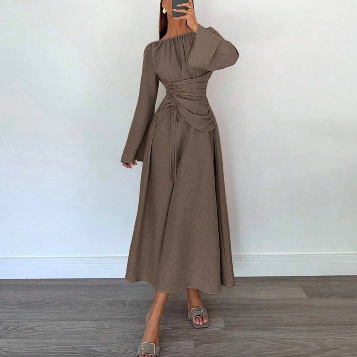 Draped Midi Autumn Wedding Guest Dress for Women - View 4