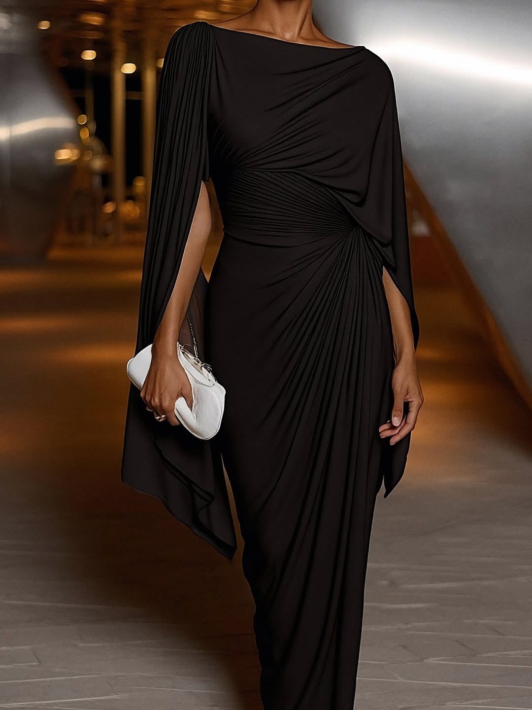 Draped Pleated One-Shoulder Maxi Dress for Women - Black