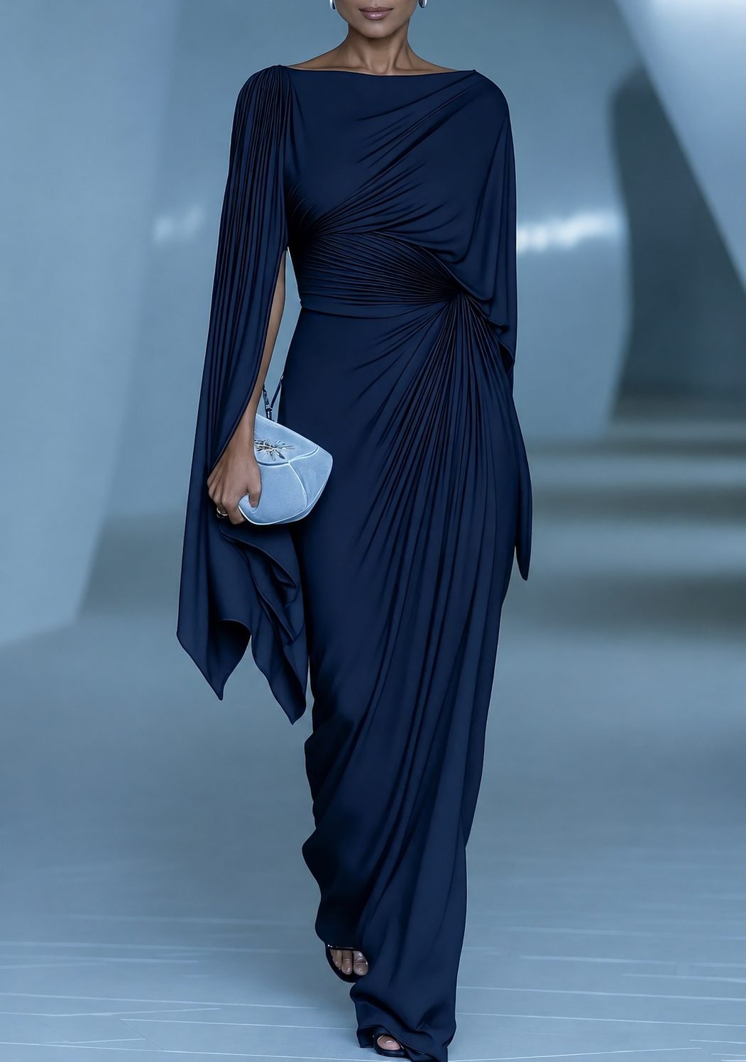 Draped Pleated One-Shoulder Maxi Dress for Women - Dark Blue