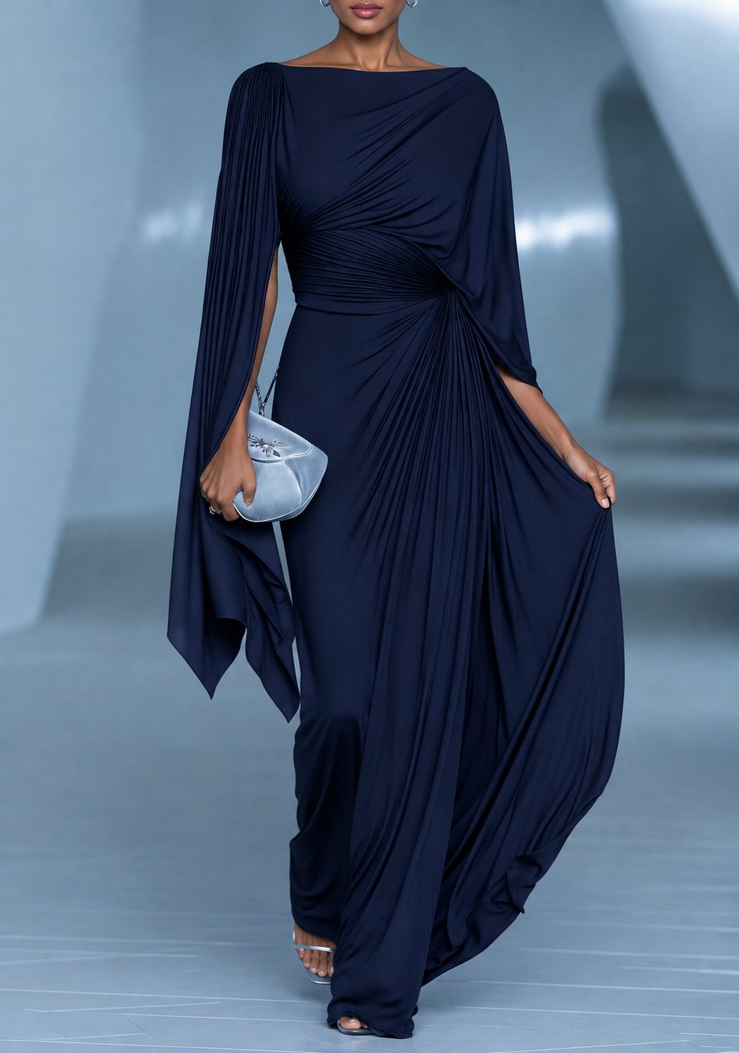 Draped Pleated One-Shoulder Maxi Dress for Women - View 9