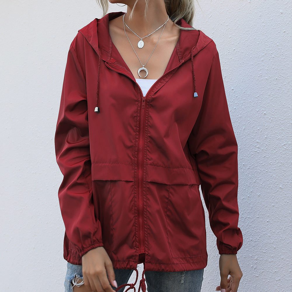 Drawstring Hooded Raincoat with Welt Pockets for Women