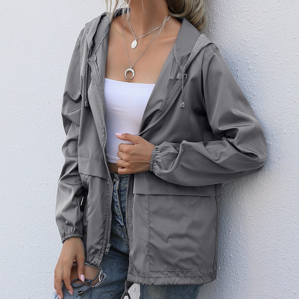 Drawstring Hooded Raincoat with Welt Pockets for Women - View 3