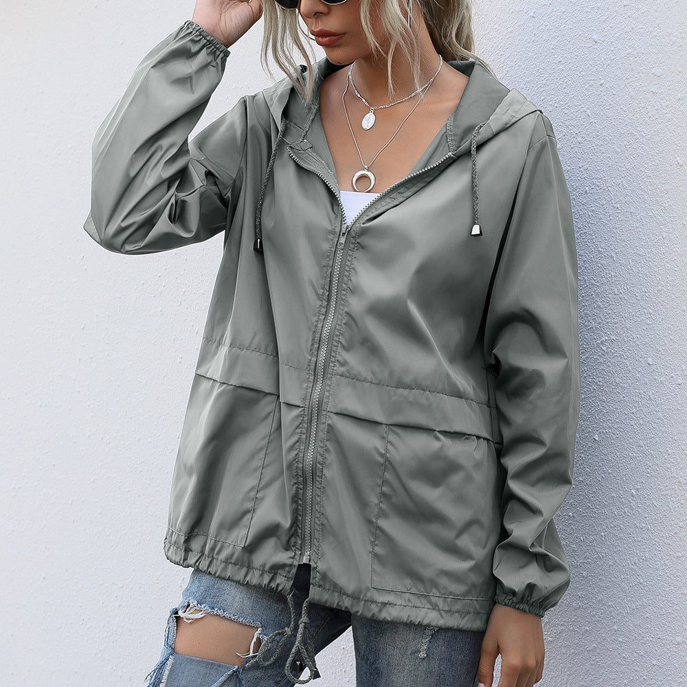 Drawstring Hooded Raincoat with Welt Pockets for Women - Hellgrau