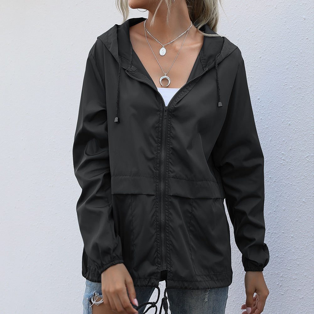Drawstring Hooded Raincoat with Welt Pockets for Women - Schwarz