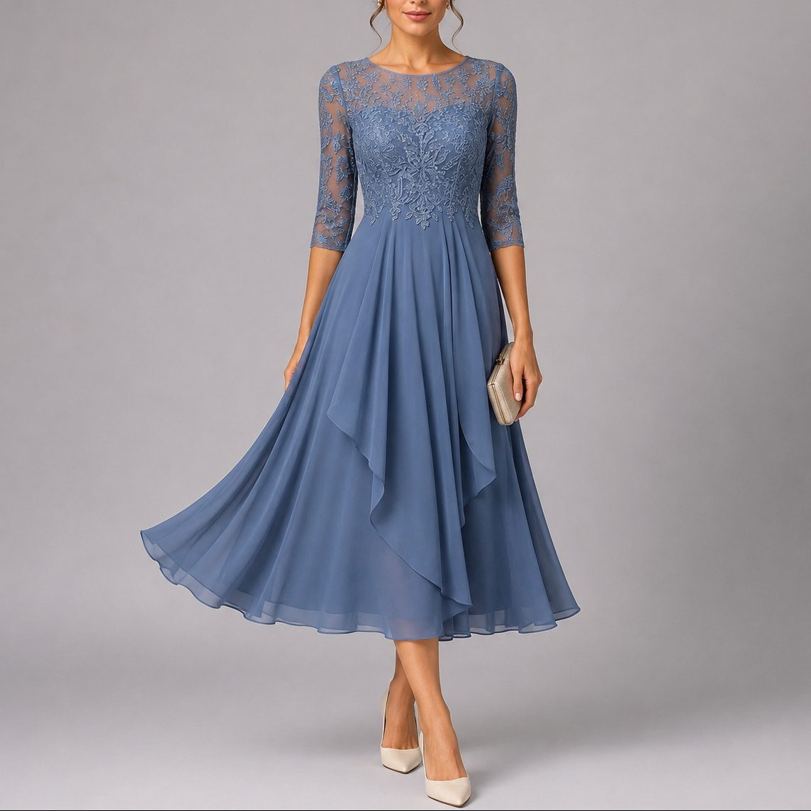 Embroidered Lace Midi Autumn Wedding Guest Dress for Women