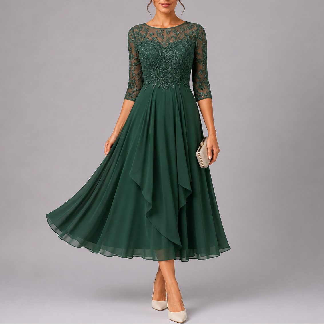 Embroidered Lace Midi Autumn Wedding Guest Dress for Women - Green