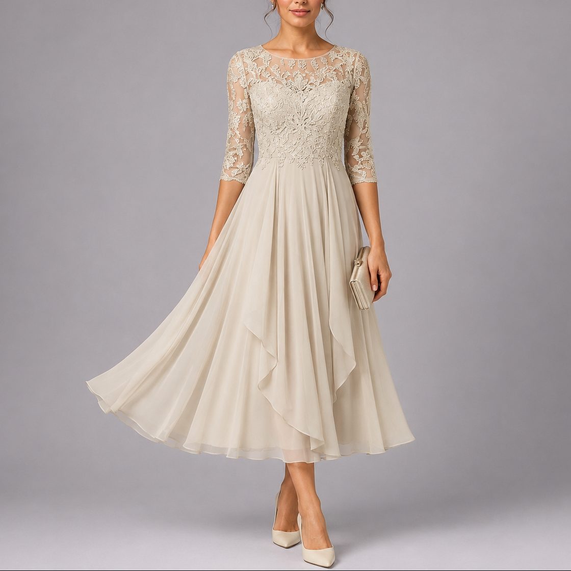 Embroidered Lace Midi Autumn Wedding Guest Dress for Women - Beige