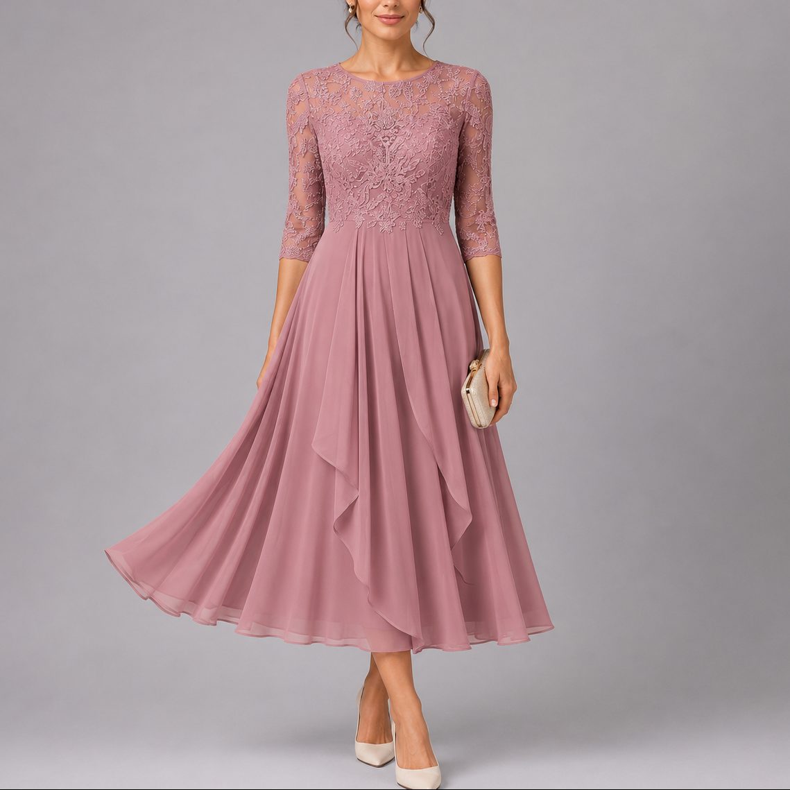 Embroidered Lace Midi Autumn Wedding Guest Dress for Women - Pink