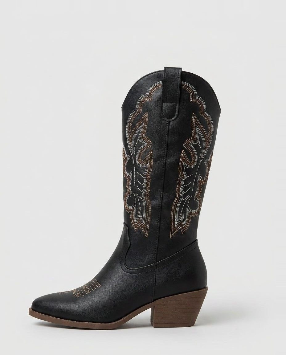 Embroidered Pointed Toe Knee High Western Cowboy Boots for Women - Black