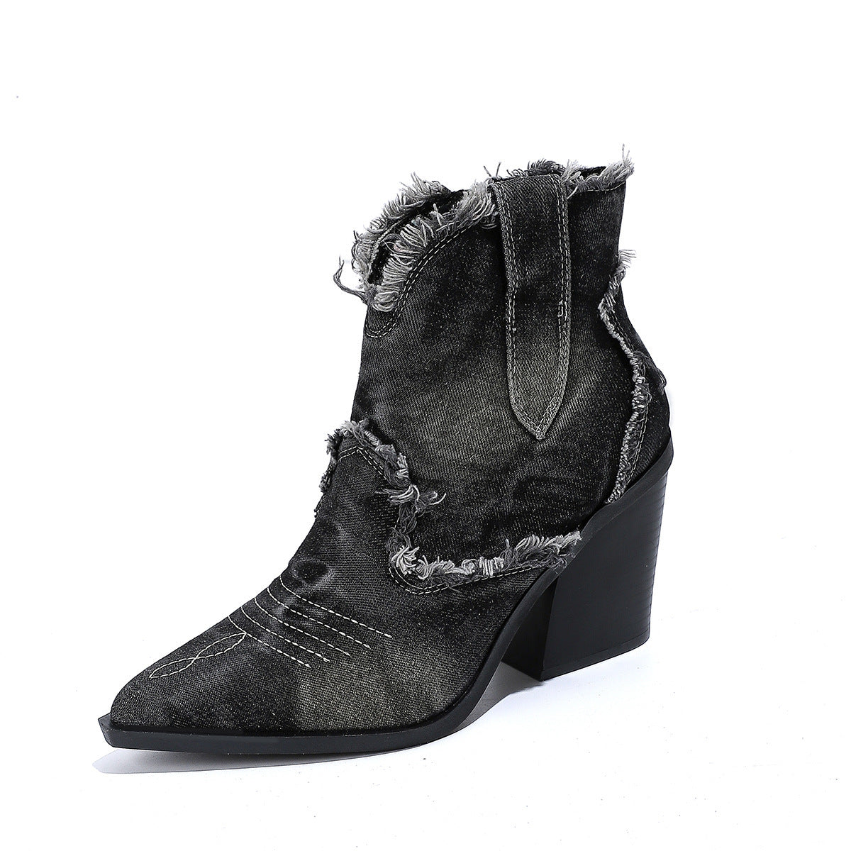 Pointed Toe Denim Cowboy Boots with Block Heel for Women