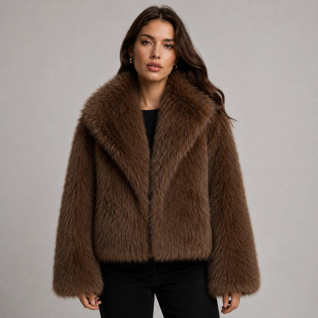 Faux Fur Cropped Jacket with Oversized Sleeves for Women