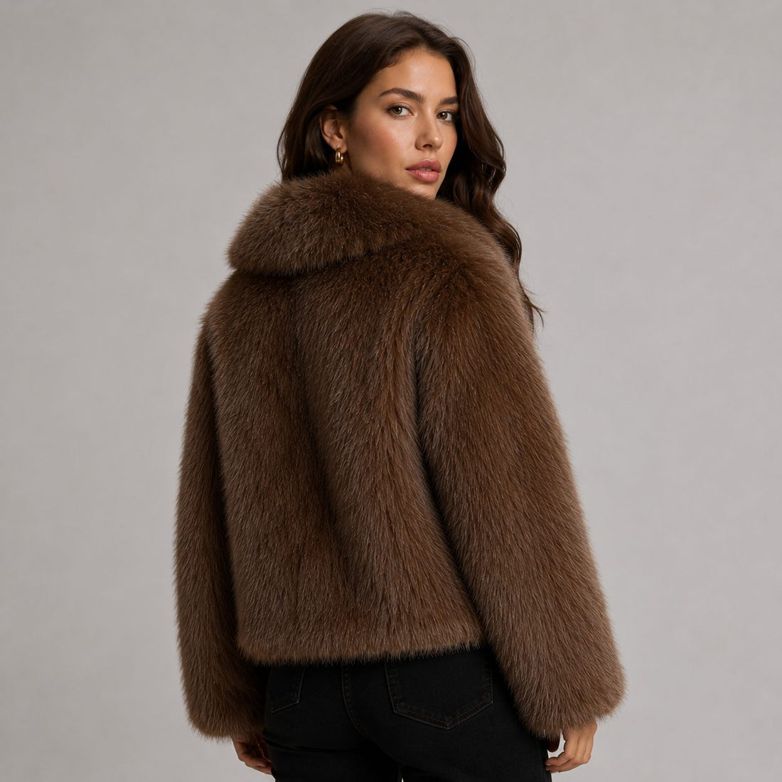 Faux Fur Cropped Jacket with Oversized Sleeves for Women