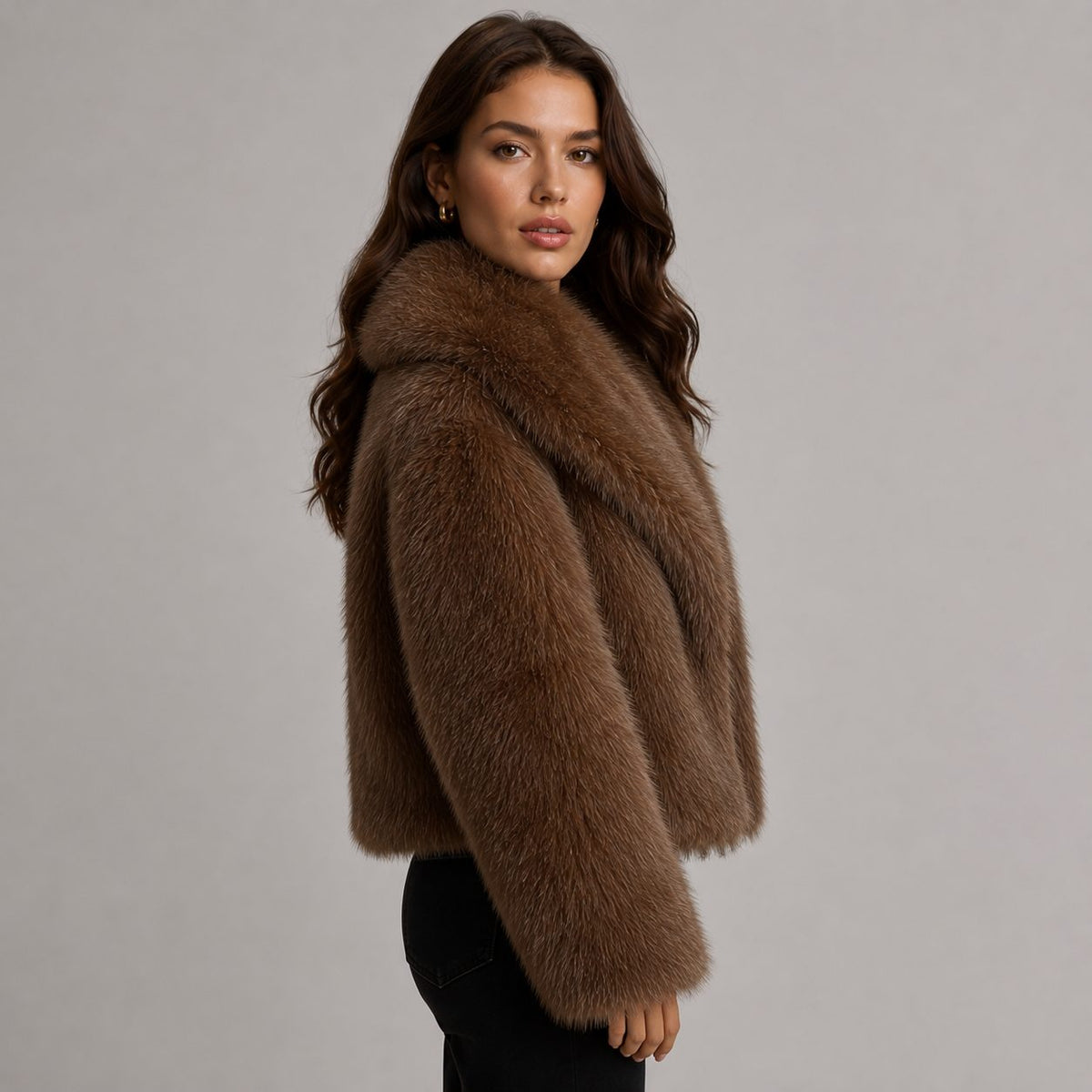 Faux Fur Cropped Jacket with Oversized Sleeves for Women - View 3