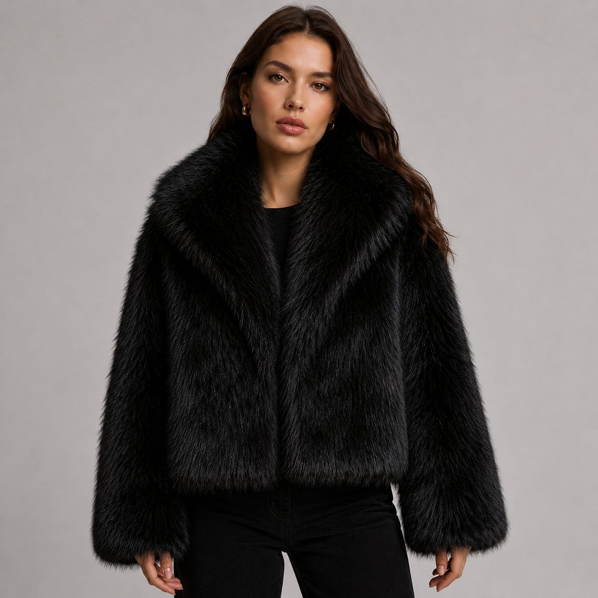 Faux Fur Cropped Jacket with Oversized Sleeves for Women - Black