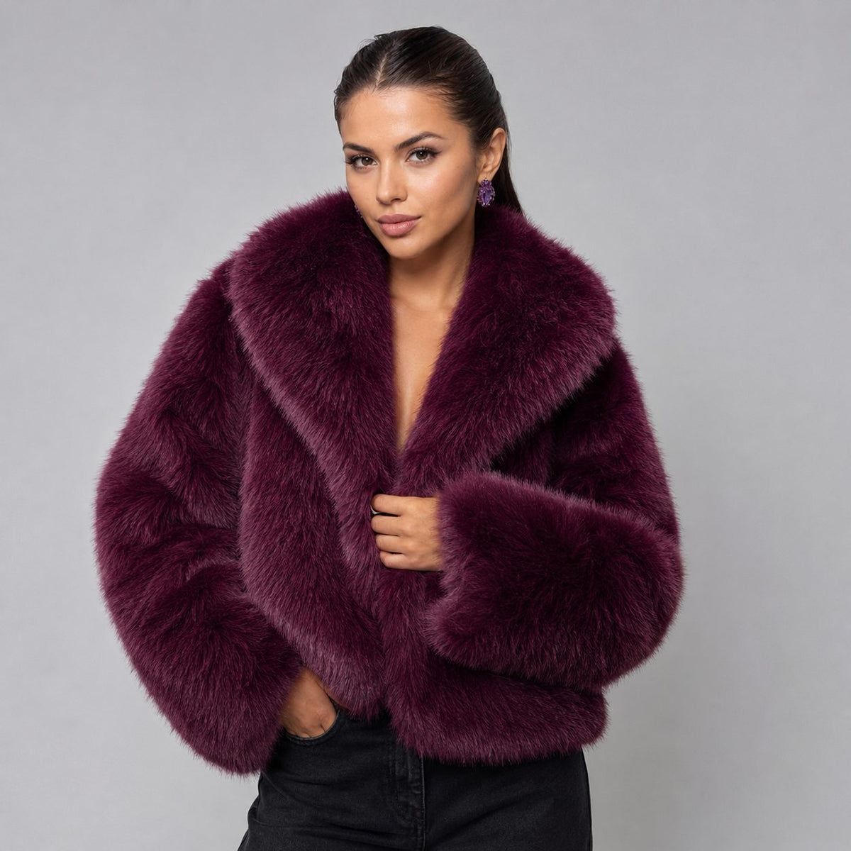Faux Fur Cropped Jacket with Oversized Sleeves for Women - Burgundy Red