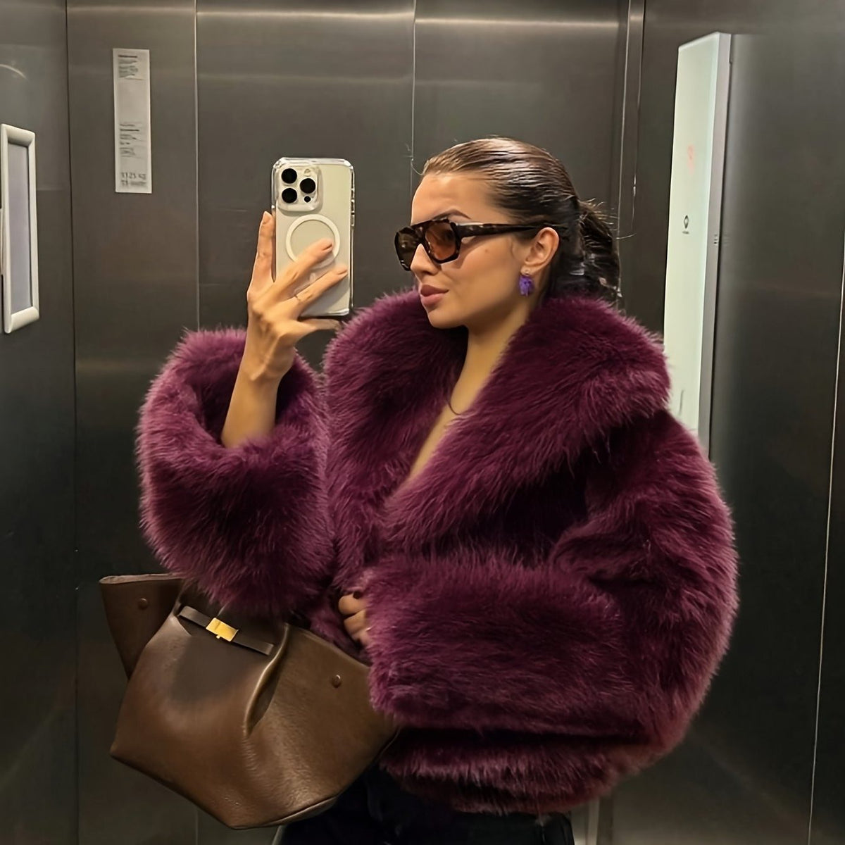 Faux Fur Cropped Jacket with Oversized Sleeves for Women - View 6