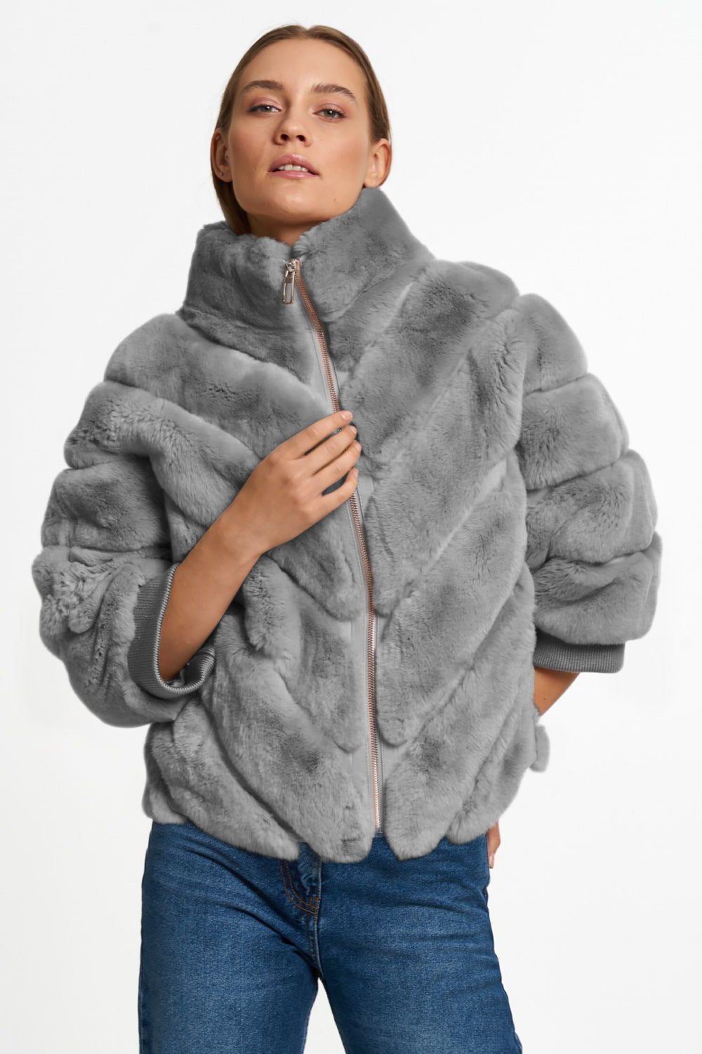Faux Fur Quilted Puffer Jacket for Women - Hellgrau