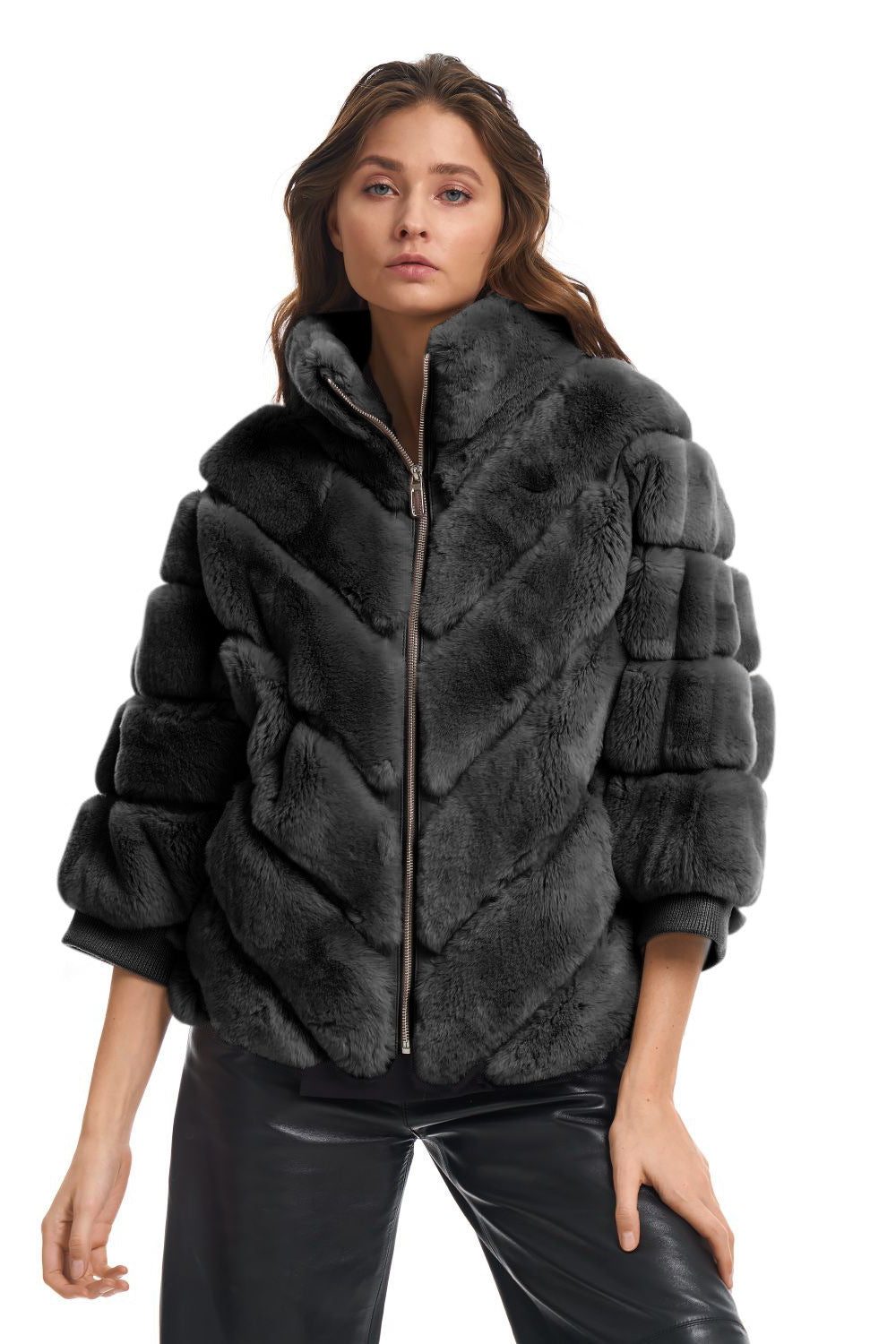 Faux Fur Quilted Puffer Jacket for Women - Dunkelgrau