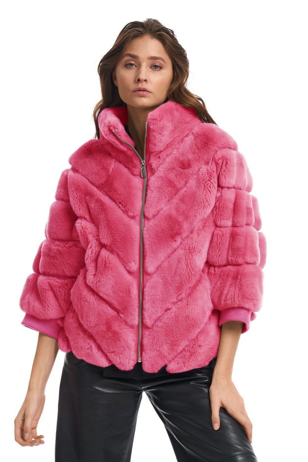 Faux Fur Quilted Puffer Jacket for Women - Magenta