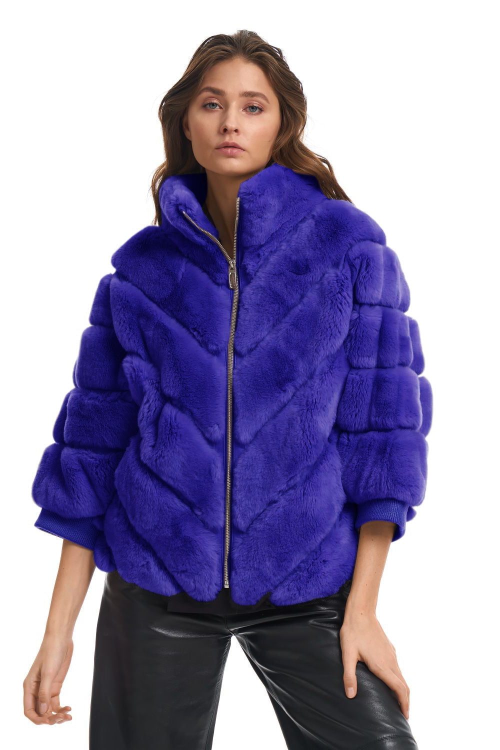 Faux Fur Quilted Puffer Jacket for Women - Smaragd Blau