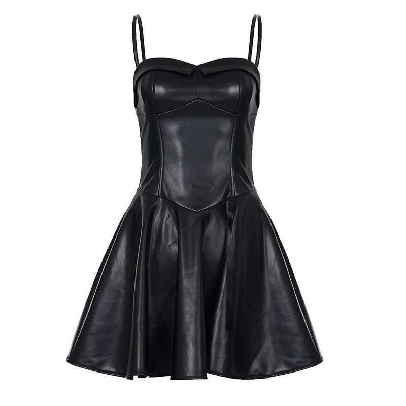 Faux Leather A-Line Mini Dress for Women - Black