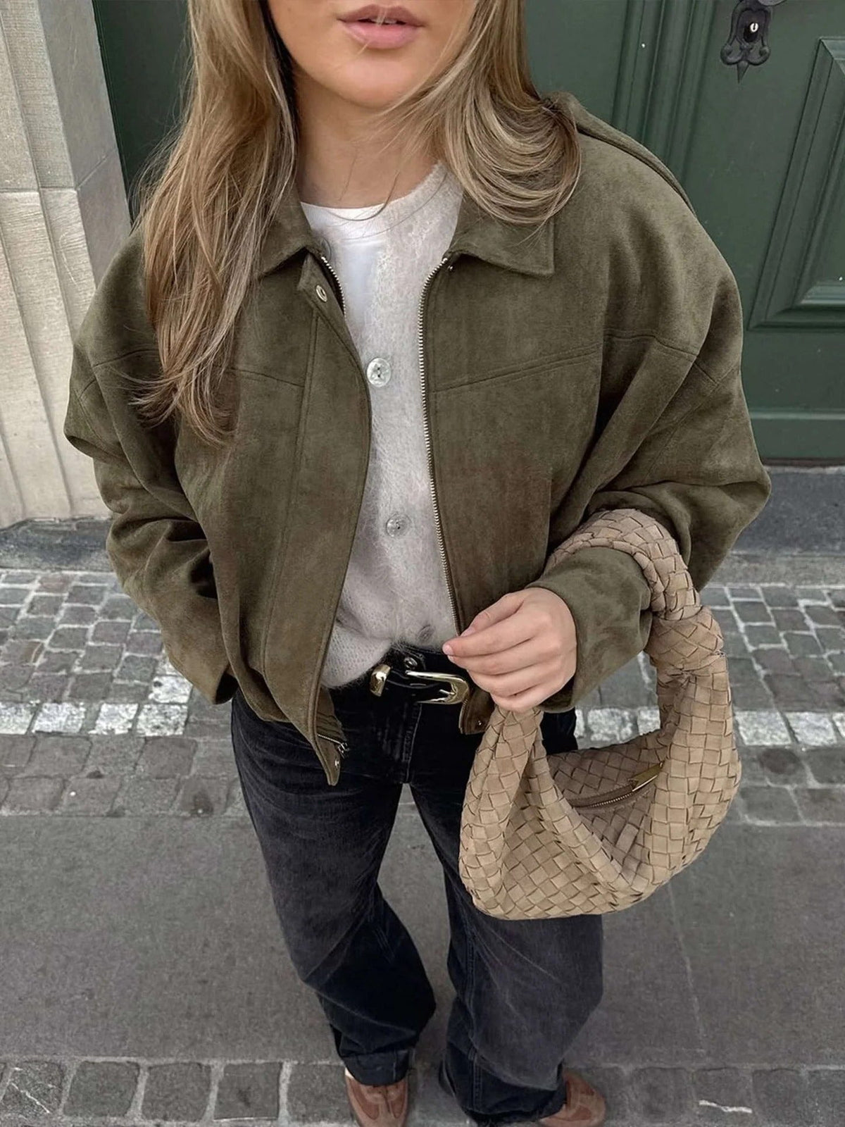Faux Suede Cropped Bomber Jacket for Women - View 11