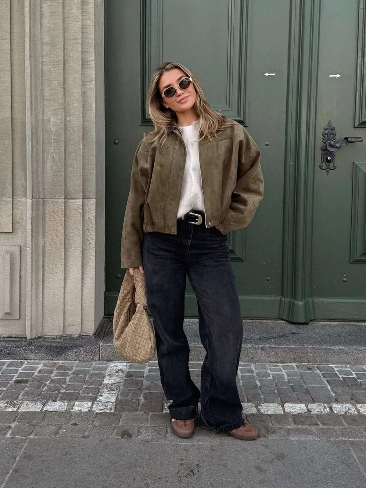 Faux Suede Cropped Bomber Jacket for Women - View 12