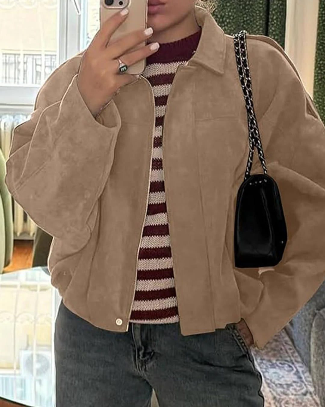 Faux Suede Cropped Bomber Jacket for Women - View 14