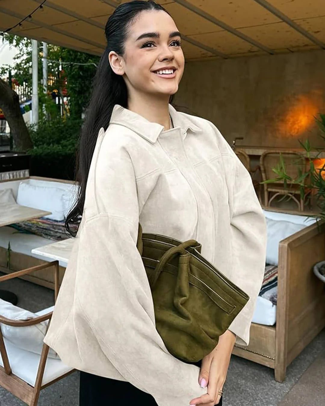 Faux Suede Cropped Bomber Jacket for Women - View 16
