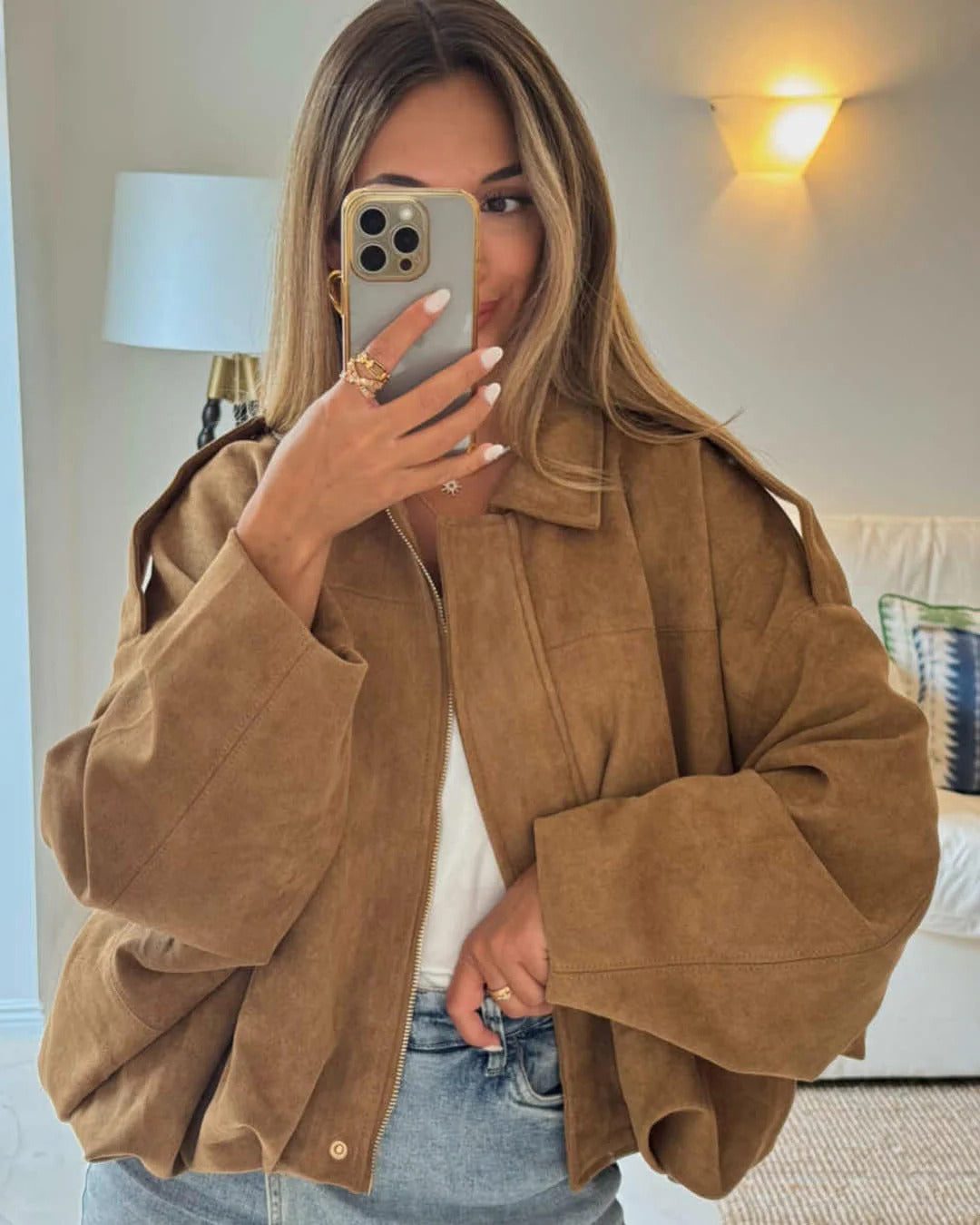 Faux Suede Cropped Bomber Jacket for Women - View 17