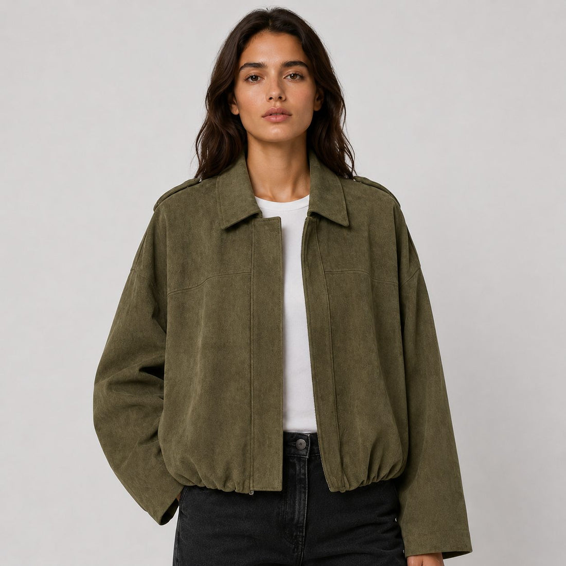 Faux Suede Cropped Bomber Jacket for Women