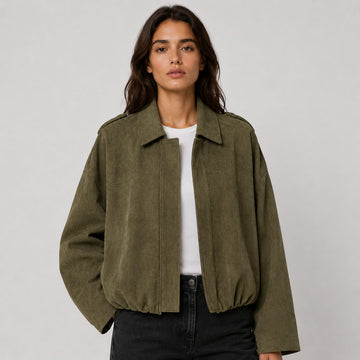 Faux Suede Cropped Bomber Jacket for Women