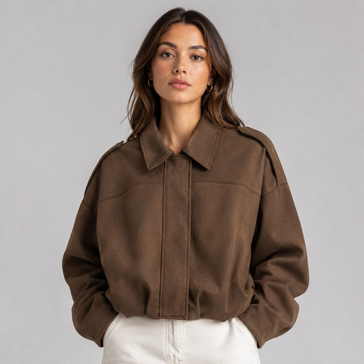 Faux Suede Cropped Bomber Jacket for Women - Brown