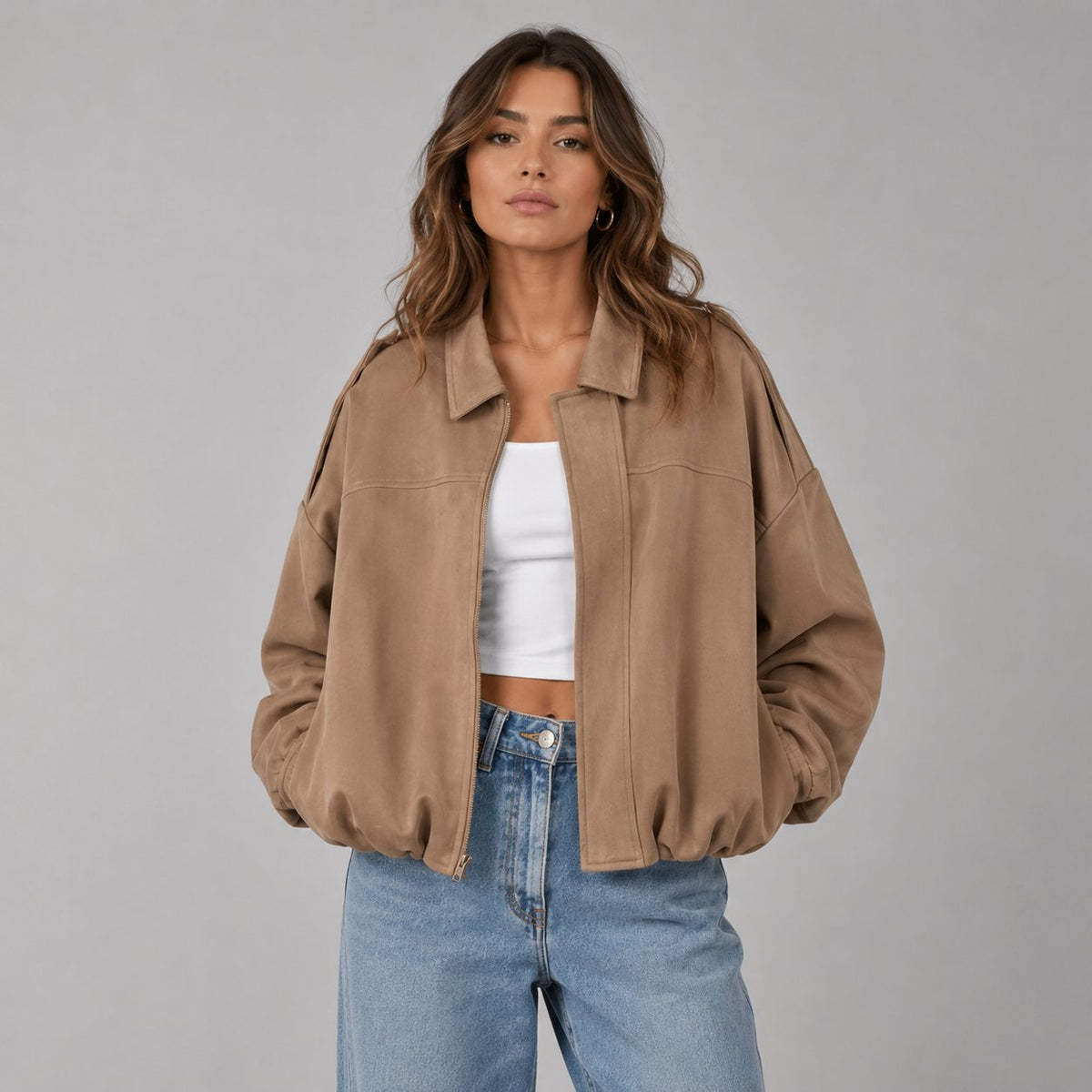 Faux Suede Cropped Bomber Jacket for Women - Khaki
