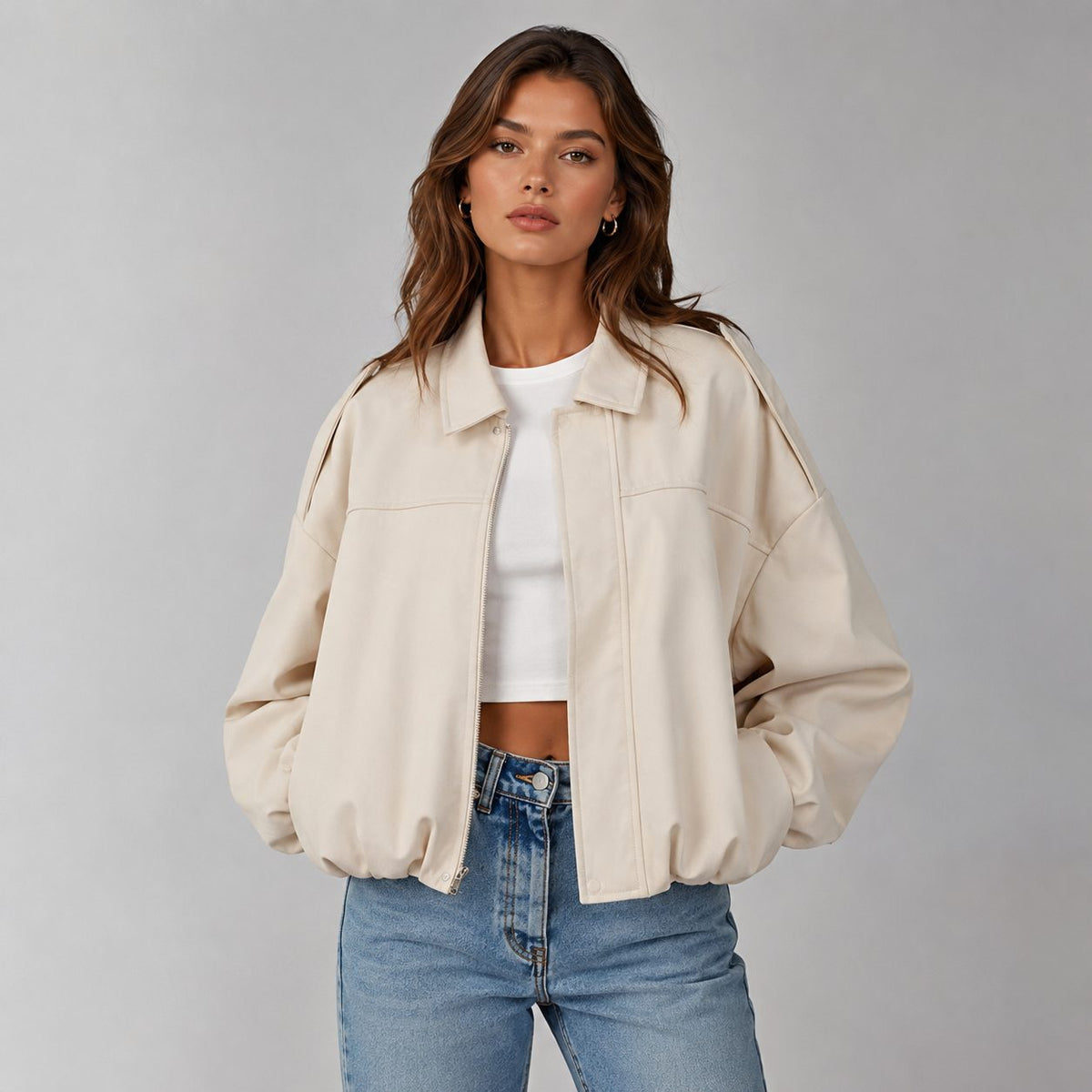 Faux Suede Cropped Bomber Jacket for Women - White