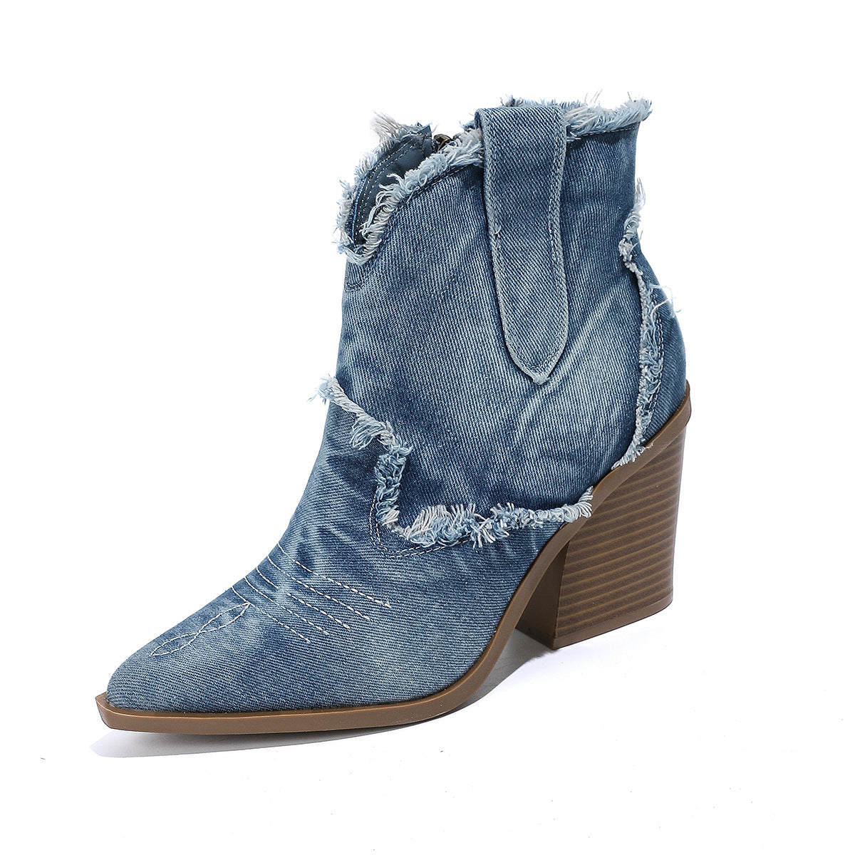 Pointed Toe Denim Cowboy Boots with Block Heel for Women