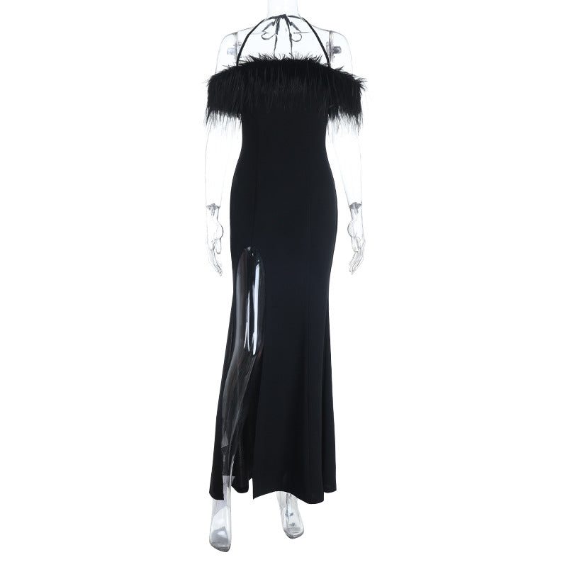 Feathered Off-Shoulder Maxi Dress with Side Split Autumn Wedding Guest Dress for Women - Black