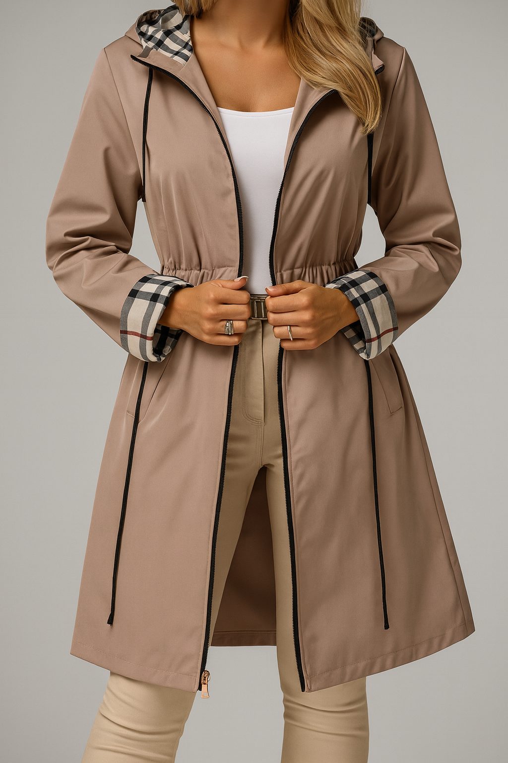 Fitted Zip Coat with Hooded Collar for Women
