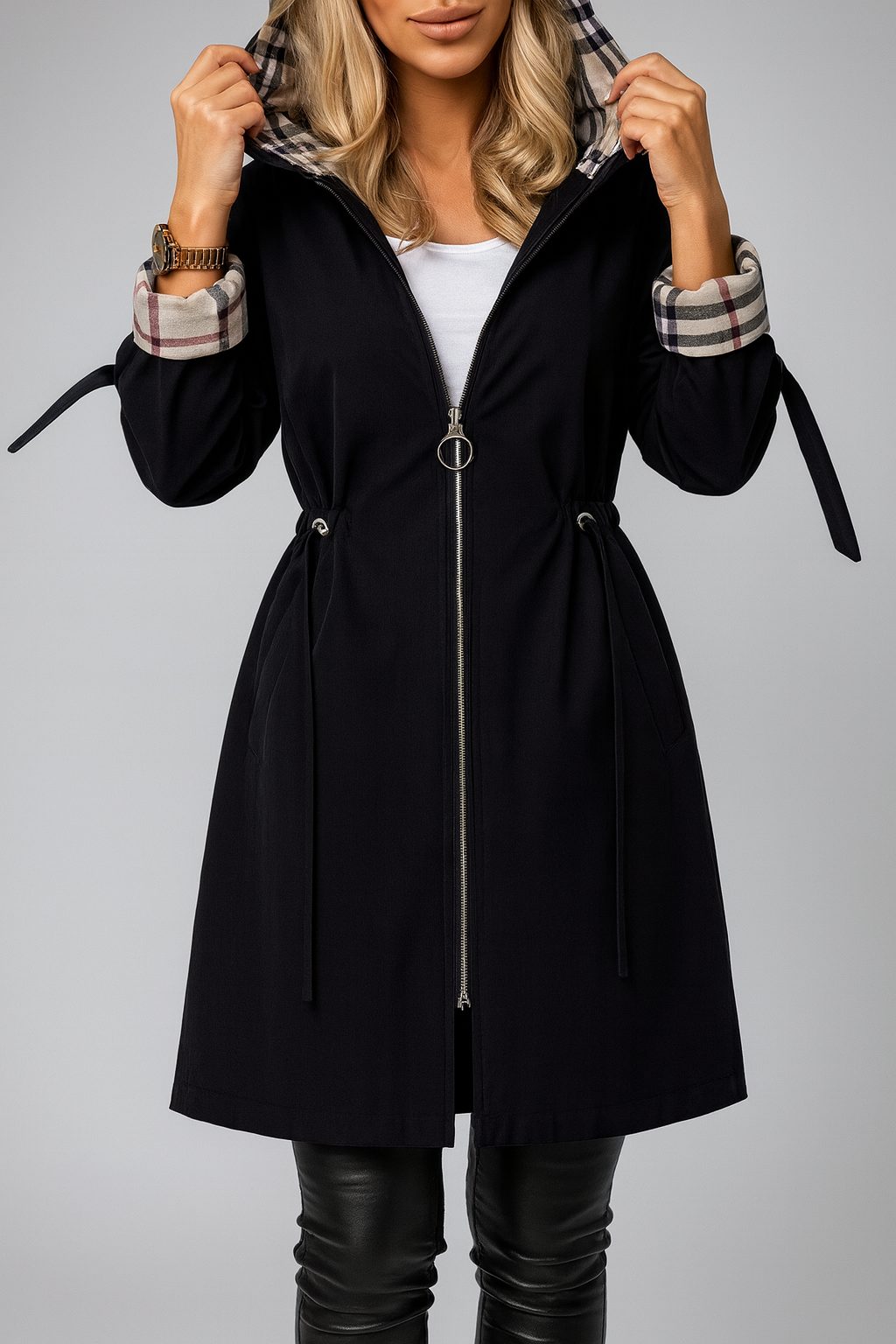 Fitted Zip Coat with Hooded Collar for Women - Black
