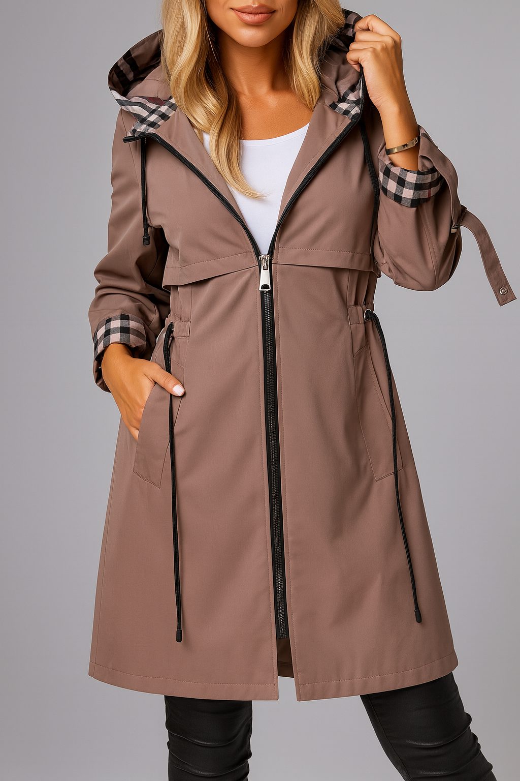 Fitted Zip Coat with Hooded Collar for Women - Brown