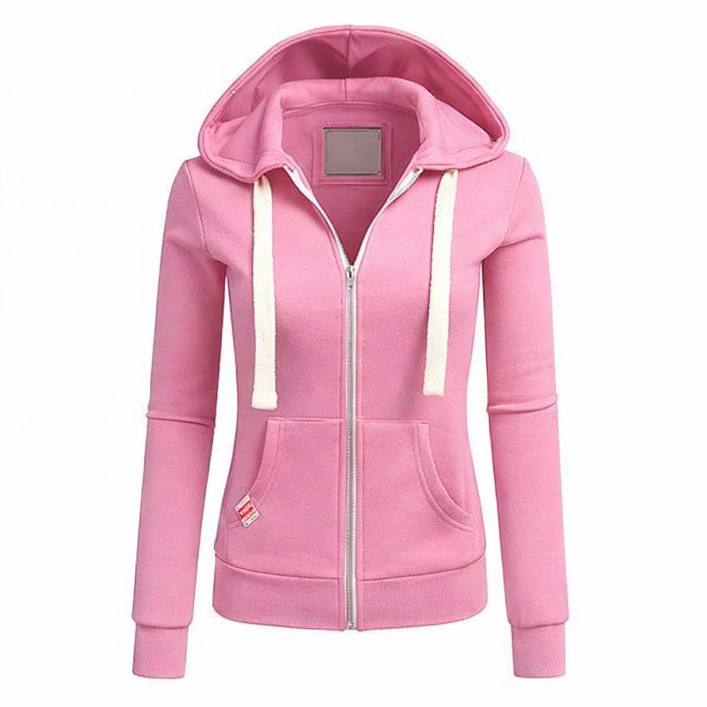Fleece Zip-Up Hoodie with Kangaroo Pocket for Women - Light Pink
