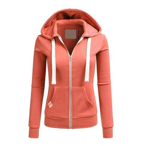 Fleece Zip-Up Hoodie with Kangaroo Pocket for Women - Orange