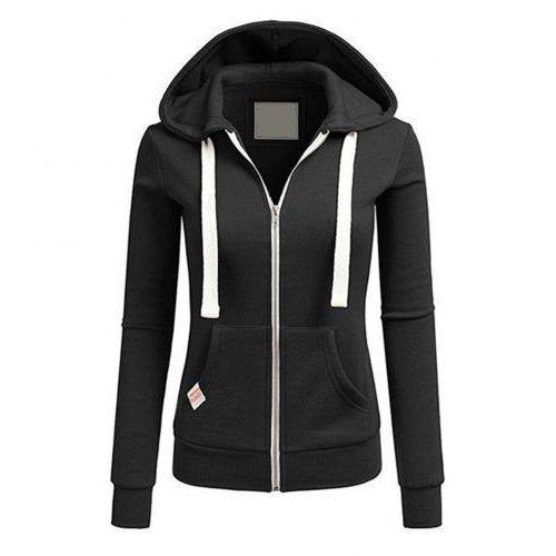 Fleece Zip-Up Hoodie with Kangaroo Pocket for Women - Black