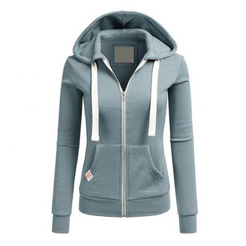 Fleece Zip-Up Hoodie with Kangaroo Pocket for Women - Light Blue