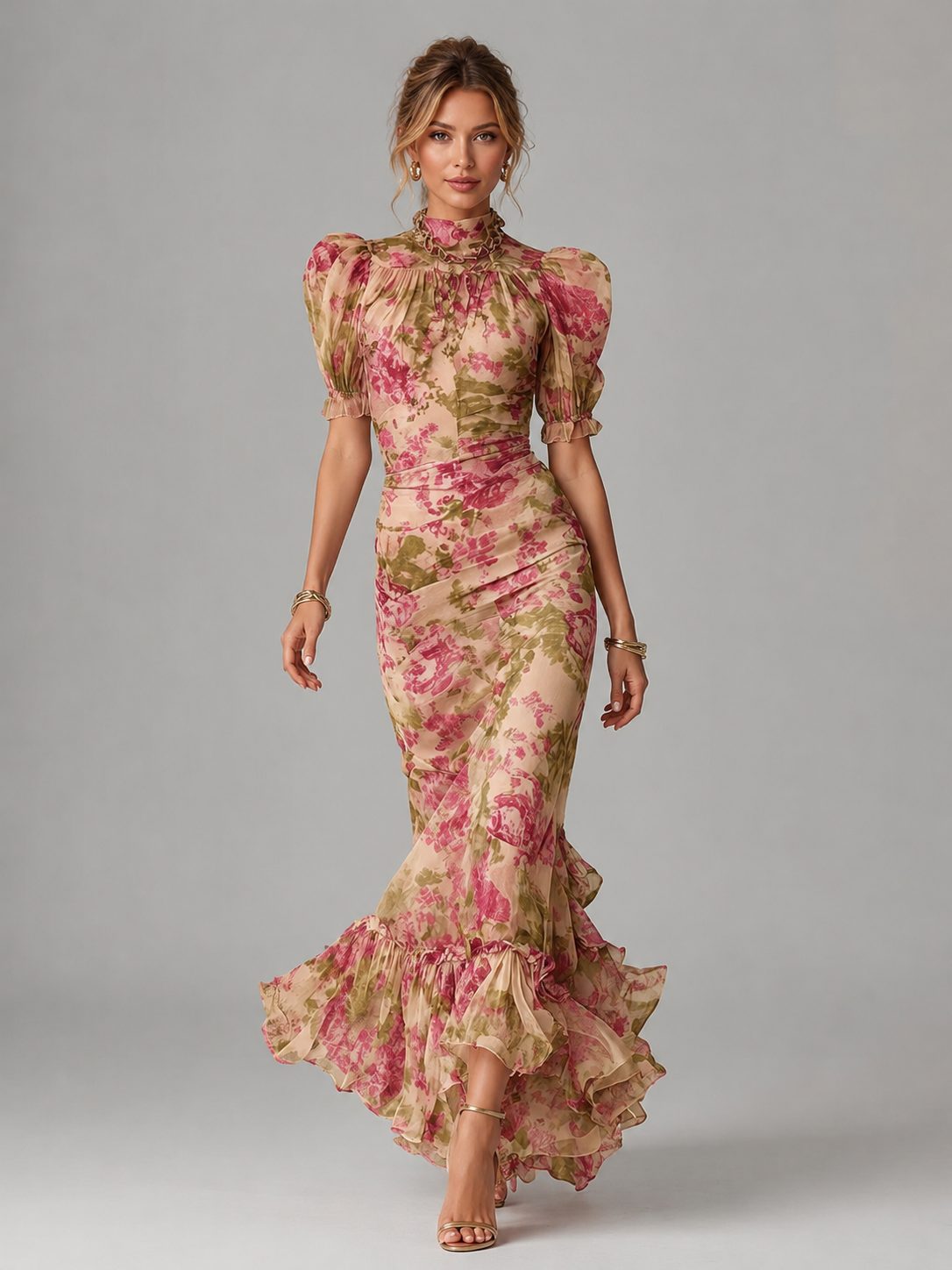 Floral Chiffon Puff Sleeve Wedding Guest Fishtail Maxi Dress for Women