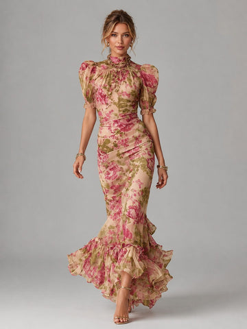 Floral Chiffon Puff Sleeve Wedding Guest Fishtail Maxi Dress for Women