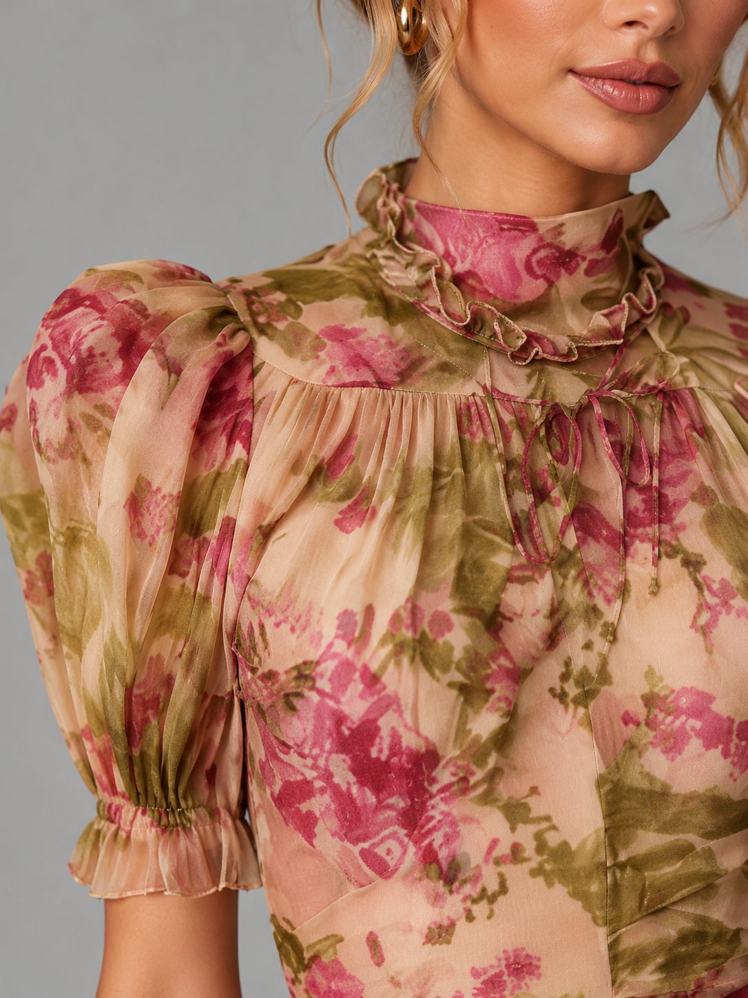 Floral Chiffon Puff Sleeve Wedding Guest Fishtail Maxi Dress for Women - View 2